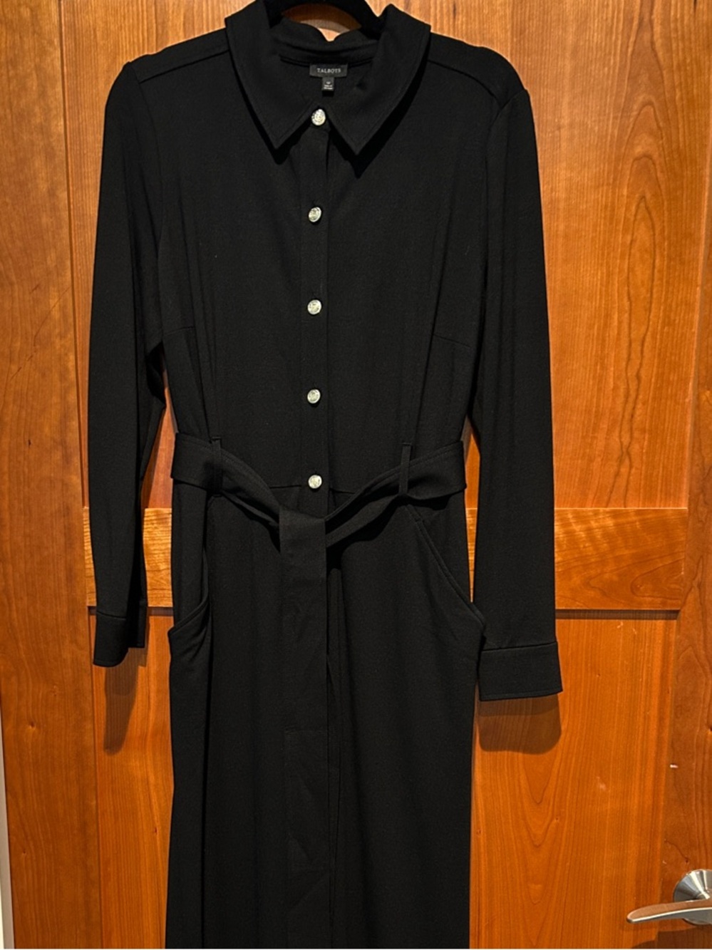Talbots Ponte Knit Black Long-Sleeve Shirt Jumpsuit with Waist Tie